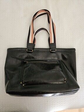 Vegan Leather Brown Tote Bag with Black, Beige, Tan-Striped 2 Set Handles